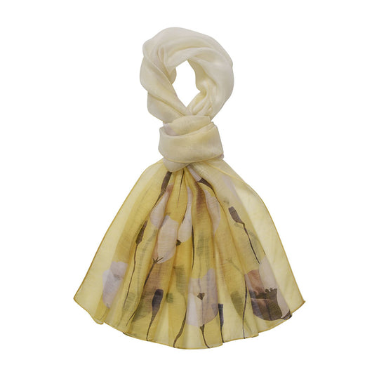 LA MAREY printed scarfMaterial:70% merino wool 30% mulberry silksize::70cm*190cmWeight : 57gyellow based with multi floral