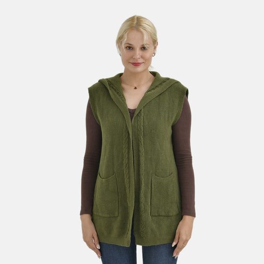 Komfort-Strickweste mit Kapuze und 2 Taschen, länge 70 cm, Grün