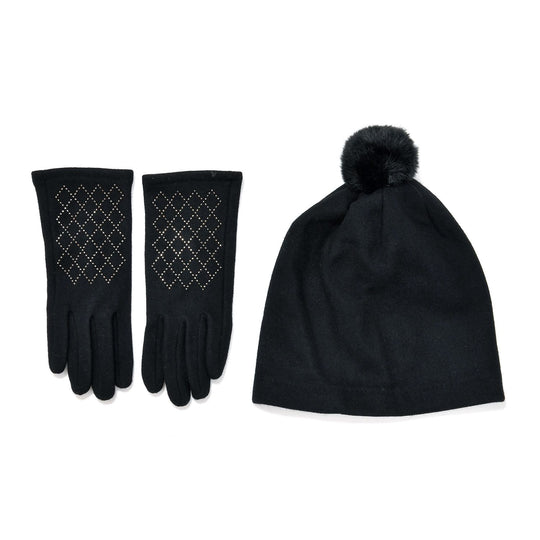 LA MAREY - 2er-Set Elegante Kaschmir Mützen und Handschuhen mit Mikroplüsch Futter, Schwarz