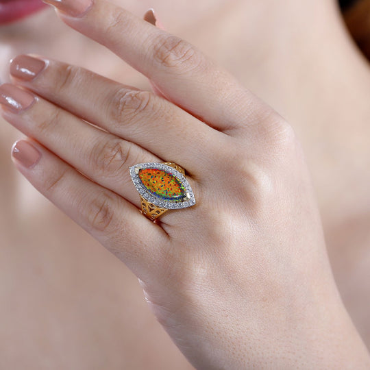 Lab Created schwarzen Opal, Weißer Zirkon Ring, 925 Silber 750 Gelbgold Vermeil ca. 3.11 ct