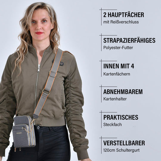 Passage - Crossbody-Tasche aus PU-Lackleder mit Krokoprägung, mehreren Fächern mit RFID-Schutz und gewebtem, verstellbarem Riemen, 18 x 7 x 11 cm, Himmelblau