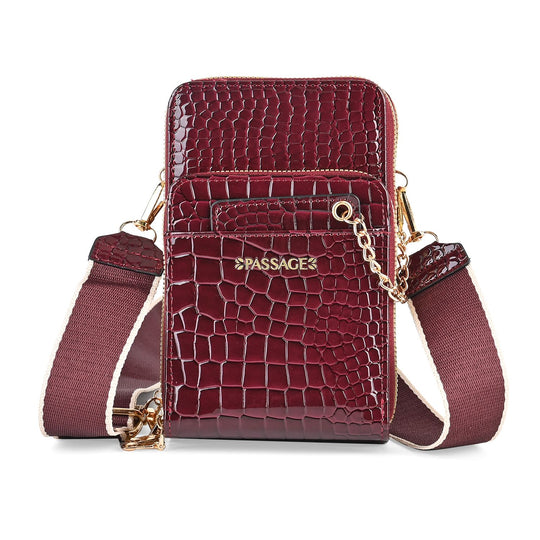 Passage - Crossbody-Tasche aus PU-Lackleder mit Krokoprägung, mehreren Fächern mit RFID-Schutz und gewebtem, verstellbarem Riemen, 18 x 7 x 11 cm, Himmelblau