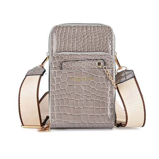Passage - Crossbody-Tasche aus PU-Lackleder mit Krokoprägung, mehreren Fächern mit RFID-Schutz und gewebtem, verstellbarem Riemen, 18 x 7 x 11 cm, Himmelblau
