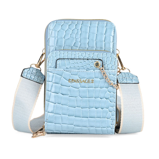 Passage - Crossbody-Tasche aus PU-Lackleder mit Krokoprägung, mehreren Fächern mit RFID-Schutz und gewebtem, verstellbarem Riemen, 18 x 7 x 11 cm, Himmelblau