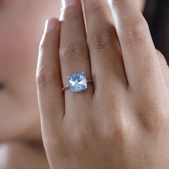 J Francis gefertigt mit SWAROVSKI Aquamarin Kristall Ring 925 Silber platiniert