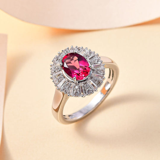 Lab Grown Roter Smaragd (Beryll), Weißer Zirkon Ring 925 Silber rhodiniert (Größe 20.00) ca. 2.22 ct
