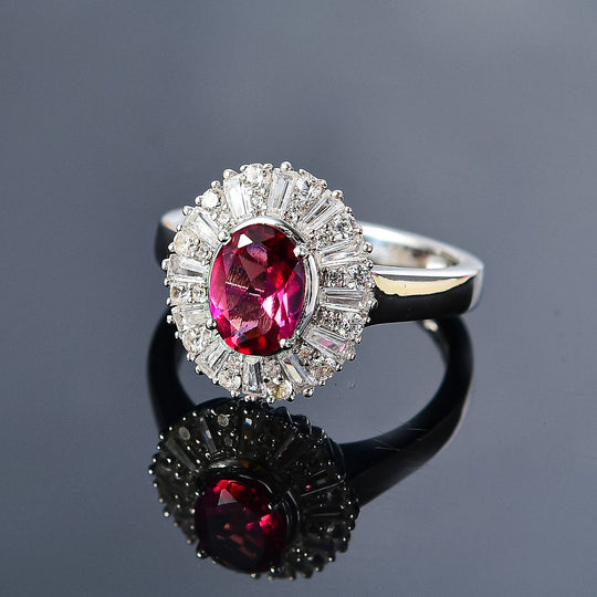 Lab Grown Roter Smaragd (Beryll), Weißer Zirkon Ring 925 Silber rhodiniert (Größe 20.00) ca. 2.22 ct