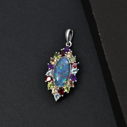 Boulder Opal Triplette, Mosambik Granat Anhänger 925 Silber rhodiniert ca. 6.72 ct