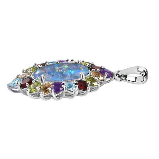 Boulder Opal Triplette, Mosambik Granat Anhänger 925 Silber rhodiniert ca. 6.72 ct