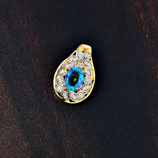 Pfau Quarz Triplette, Weißer Zirkon Anhänger 925 Silber 750 Gelbgold Vermeil ca. 1.72 ct