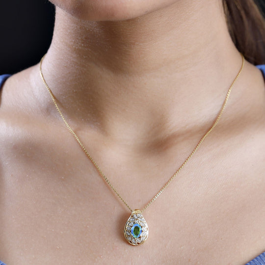 Pfau Quarz Triplette, Weißer Zirkon Anhänger 925 Silber 750 Gelbgold Vermeil ca. 1.72 ct