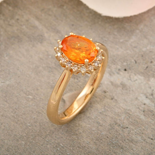 LUXORO zertifizierter und geprüfter AAA Fanta Granat und GH-I2 Diamant Halo Ring in 417 Gold - 1,70 ct.