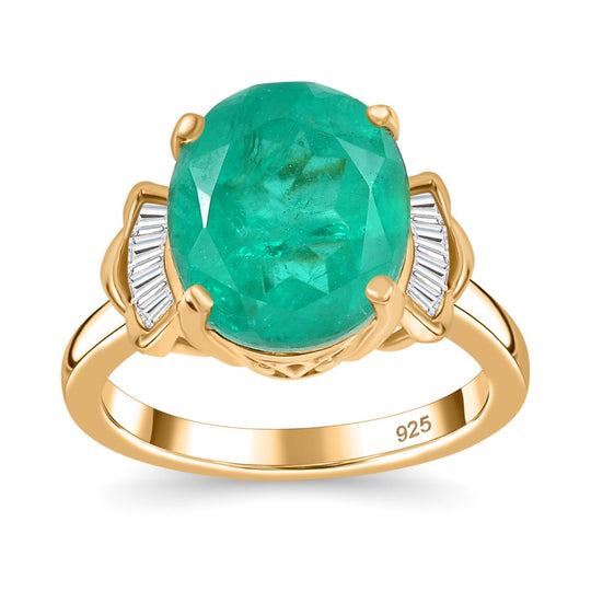 Smaragd-Quarz Triplette, Weißer Zirkon Ring 925 Silber 750 Gelbgold Vermeil ca. 5.74 ct