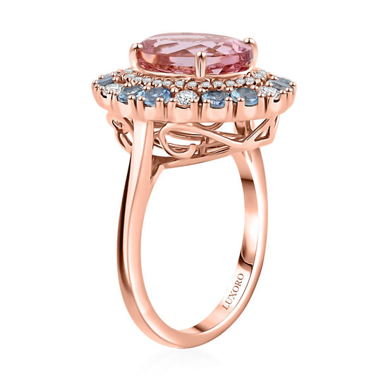 LUXORO zertifizierter und geprüfter AAA Rosa Morganit, Santamaria Aquamarin und I2 Diamant Halo Cocktail Ring in 417 Roségold -(10-15 Werktage Lieferzeit) 4,85 ct.