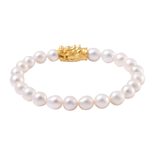 Weiße Anhui Perle (7-9 mm) Armband, Flexibles,925 Silber vergoldet