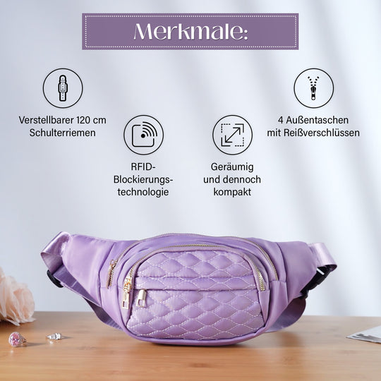 Gesteppte Nylon-Gürteltasche - RFID-Schutz, 4 Außenfächer, verstellbarer Schultergurt, 36?x?4?x13?cm, Grün