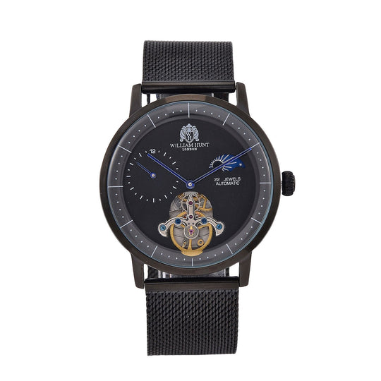William Hunt Automatik-Uhr - IP-schwarzbeschichtetes Edelstahlgehäuse, schwarzes Multifunktionszifferblatt mit gewölbtem Glas, Edelstahl-Mesh-Armband, Glasboden, 5 ATM wasserdicht, Reiner Edelstahl