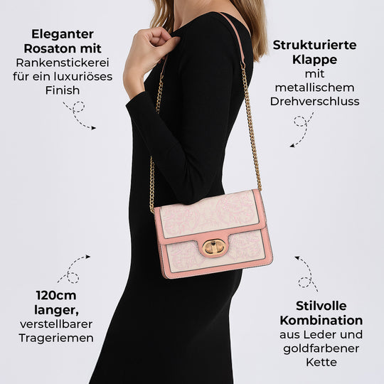 GRAND PELLE - Umhängetasche aus echtem Leder mit Stickerei, Klappdesign, Kettenriemen, 23x8x16?cm, Rosa