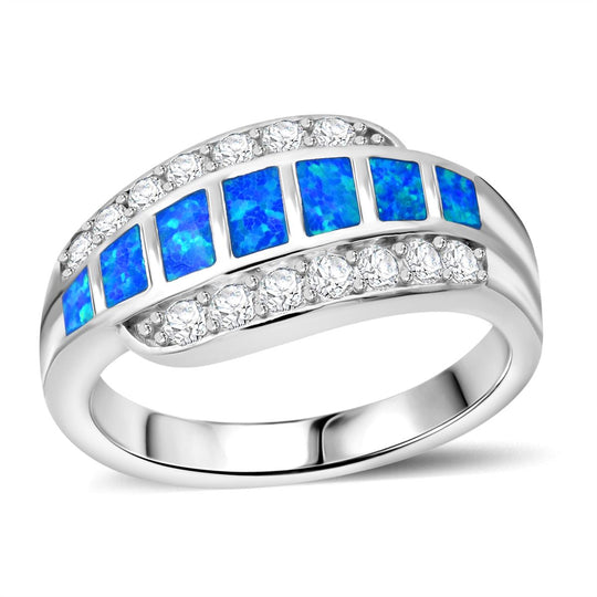 Simulierter Blauer Opal, Weißer Zirkonia Ring 925 Silber rhodiniert