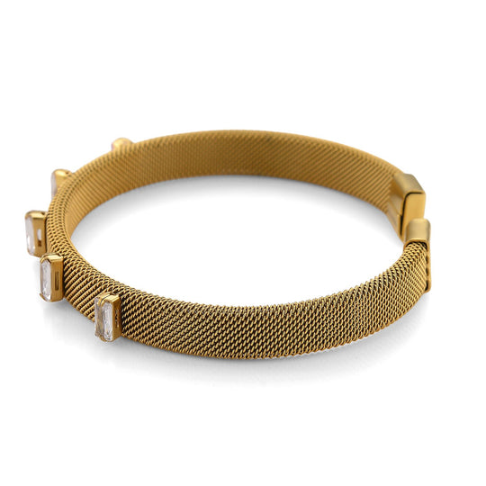 Weißer Kristall Armreif, flexibel (ca. 18-19 cm), 316L Edelstahl, goldfarben