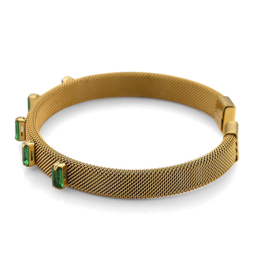 Grüner Kristall Armreif, flexibel (ca. 18-19 cm), 316L Edelstahl, goldfarben