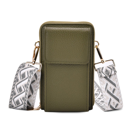 Crossbody-Handytasche mit RFID-Schutz, Kartenfächern und gemustertem Trageriemen, ca. 19x6x11 cm, Rot