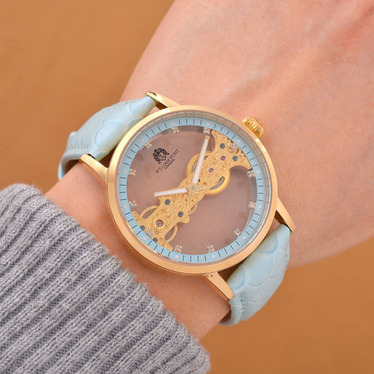 William Hunt Automatik-Uhr, Edelstahlgehäuse, Hohles Zifferblatt mit weißen Kristallen, rosa Lederarmband, 5ATM wasserdicht