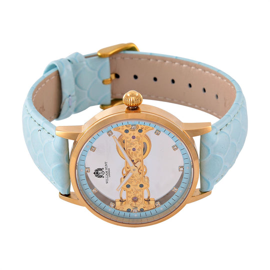 William Hunt Automatik-Uhr, Edelstahlgehäuse, Hohles Zifferblatt mit weißen Kristallen, rosa Lederarmband, 5ATM wasserdicht