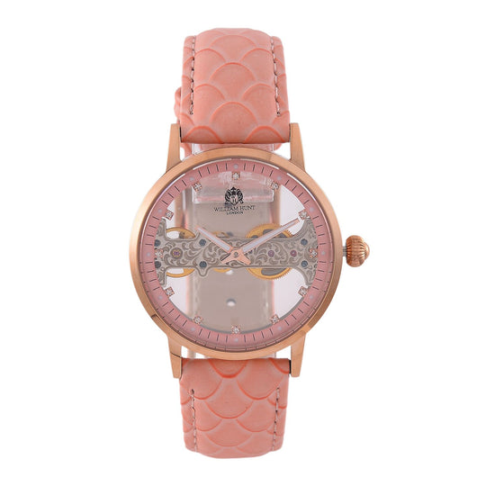 William Hunt Automatik-Uhr, Edelstahlgehäuse, Hohles Zifferblatt mit weißen Kristallen, rosa Lederarmband, 5ATM wasserdicht