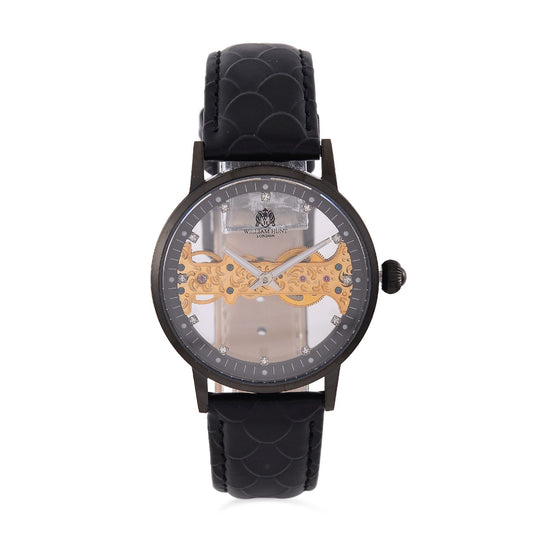 William Hunt Automatik-Uhr, Edelstahlgehäuse, Hohles Zifferblatt mit weißen Kristallen, rosa Lederarmband, 5ATM wasserdicht