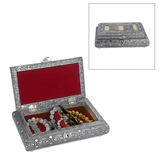 Handgefertigte Schmuckbox, Teakholz, oxidiertes Aluminium, antiker Look, 19,7x12x7,3 cm, roségoldfarben