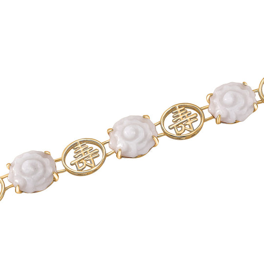 EXTREM SELTEN TYPE A Natürliche Weiße Jade Armband ca. 16.5 cm 925 Silber 750 Gelbgold Vermeil ca. 31.38 ct