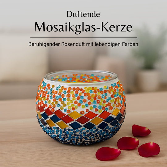 Handgefertigte Mosaikglas, mit Sojawachs-Duftkerze, 180g, 36 Std. Brenndauer, 8ml natürliches Öl, Rose
