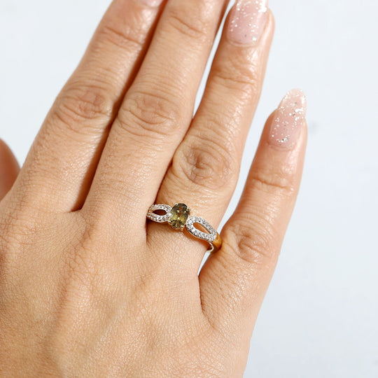 Natürlicher goldener Tansanit, Weißer Zirkon Ring 925 Silber 750 Gelbgold Vermeil (Größe 20.00) ca. 0.87 ct