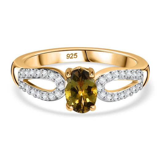 Natürlicher goldener Tansanit, Weißer Zirkon Ring 925 Silber 750 Gelbgold Vermeil (Größe 20.00) ca. 0.87 ct