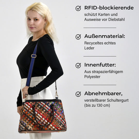 Chaos by Elsie Genuine Leather Crossbody Bag with RFID with Mini flash torch 1.Color:Multicolor Embossed crocdile shining rhomboid pattern with flower Size: 37*14.5*25CM Handle drop:?cm Wall: Genuine Leather Lining: Polyester