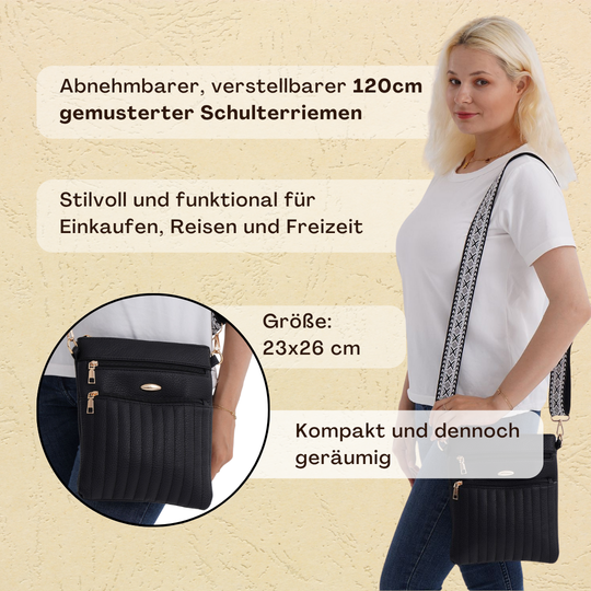 Crossbody-Tasche mit mehreren Reißverschlussfächern, gemustertem Schulterriemen, 23x26 cm, Altrosa