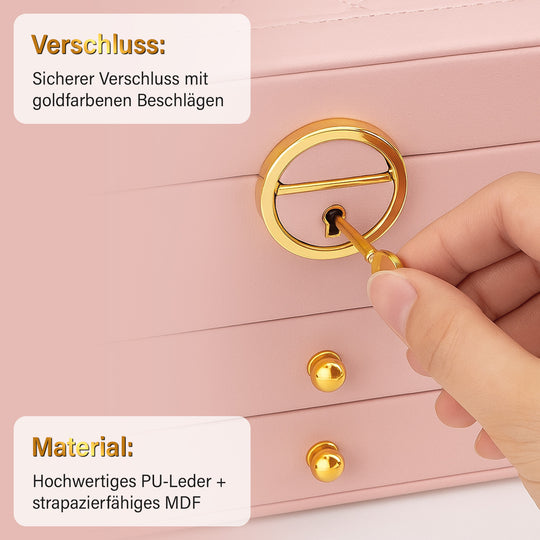 3-lagige Elegante Schmuckaufbox mit Schloss, 5 Silberputztüchern, 23x17x13cm, Rosa