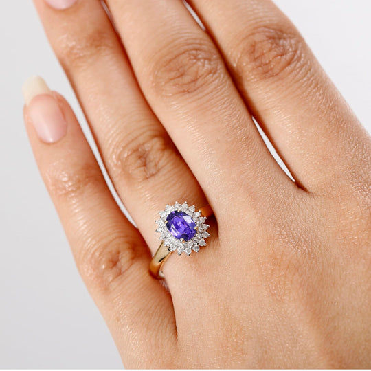 AAA Lila Saphir, Weißer Diamant AGI zertifiziert und geprüft Ring 585 Gelb Gold (Größe 18.00) ca. 1,38 ct