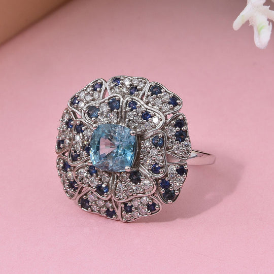 AA Blauer Zirkon, Blauer Saphir Ring 925 Silber rhodiniert (Größe 19.00) ca. 4.63 ct