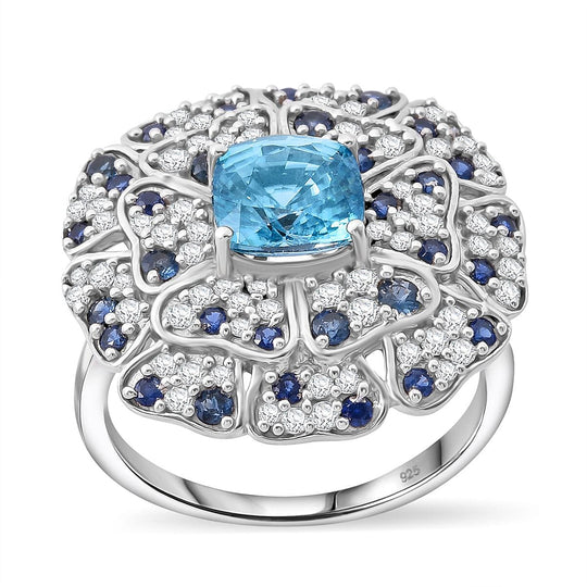 AA Blauer Zirkon, Blauer Saphir Ring 925 Silber rhodiniert (Größe 19.00) ca. 4.63 ct