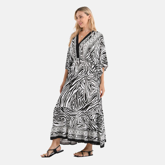 Maxikleid mit Zebraprint, Kimono-Ärmeln, Stufenrock und Rückenschleife, elastische Taille, 100% Viskose, 38x135 cm (erweiterbar bis 62 cm), Mehrfarbig