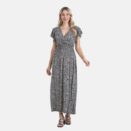 Gesmokter Maxikleid mit Volantärmeln, Beige mit Leopardenmuster, Einheitsgröße, Blau
