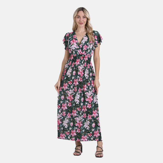 Floral Romance, Maxikleid mit Smokbund und Volantärmeln, Polyester-Elasthan-Mix, Blau