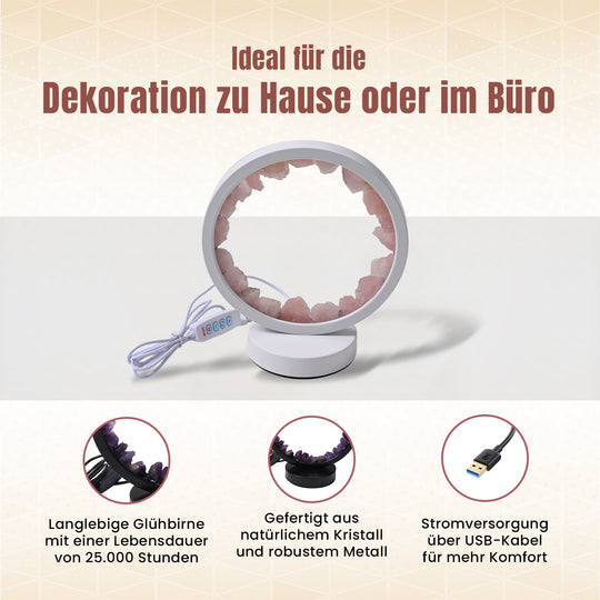 Rosenquarz Kristall Wellnesslampe, LED Leuchte mit Metallsockel, Kippschalter und 12 m Kabel ca. 10x22x18 cm