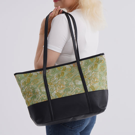Libellenmuster-Tote-Bag, große Kapazität, mit Reißverschluss und Innentasche, 48x29x14 cm, Polyester mit PU-Leder, Gelb