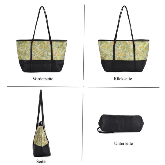 Libellenmuster-Tote-Bag, große Kapazität, mit Reißverschluss und Innentasche, 48x29x14 cm, Polyester mit PU-Leder, Gelb