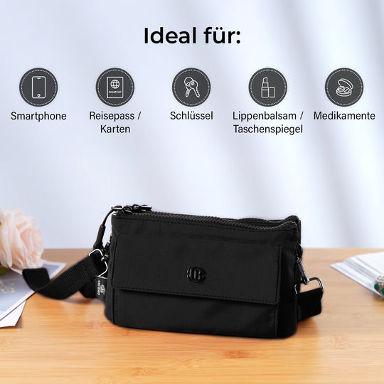 Crossbody-Tasche aus Nylon, mit mehreren Reißverschlussfächern und verstellbarem Schulterriemen, 20x12x3.5 cm, Taubenblau