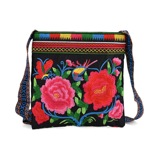 Blumen Stickerei Umhängetasche, verstellbarer Riemen, 23 x 24 cm, Pink Rosen