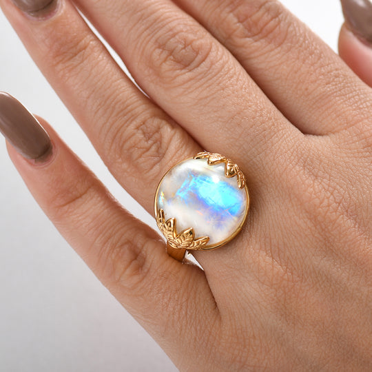 Regenbogen Mondstein Ring 925 Silber 750 Gelbgold Vermeil (Größe 19.00) ca. 20,27 ct